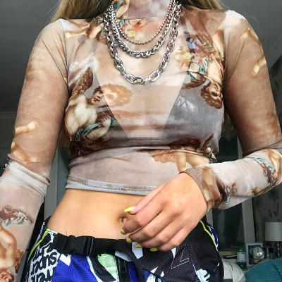 Sexy Mesh Tie Dye Printed High Neck Long Sleeves Mini Top HT3763W11