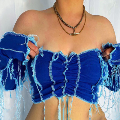 Sexy Pleated Off Shoulder Long Sleeves Backless Cropped Top T093124K