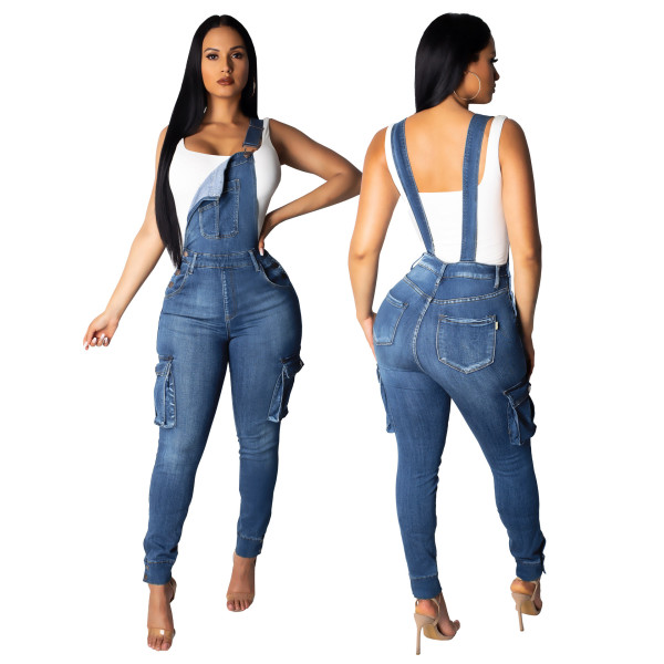 Casual Summer Denim Mid Waist Stappy Long Jumpsuit SMR9182