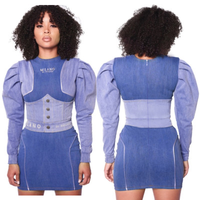 Newest Round Neck Bubble Sleeve Denim Short Dress SMR9527