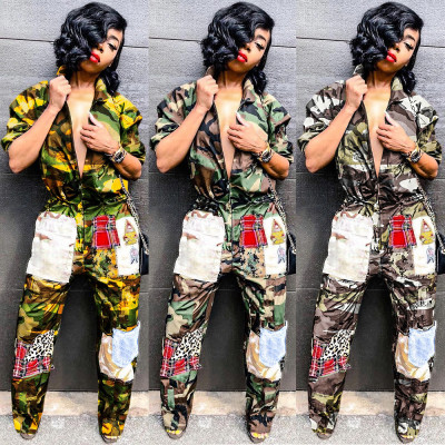 Camouflage Thin Turn-Down Collar Sport Jumpsuit SN3454