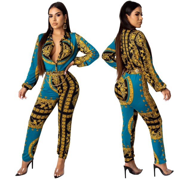 Colorful Print Button Down Casual Fashion Women Jumpsuits SMR9485