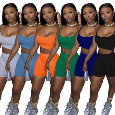 Fashion casual solid color camisole tops shorts two-piece suit pants suit WY6672
