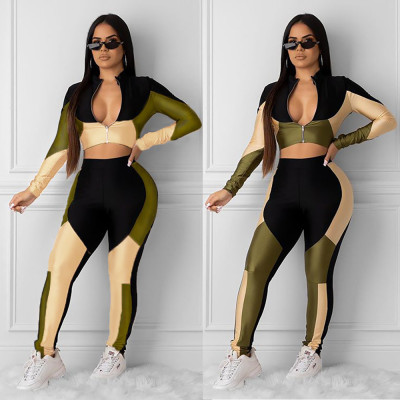 Color Block Women Tracksuits Zipper Crop Top Tight Pants MA6267