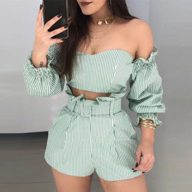 Flat Shoulder Top Wide Leg Shorts Female Stripe Hot Sets BN9191