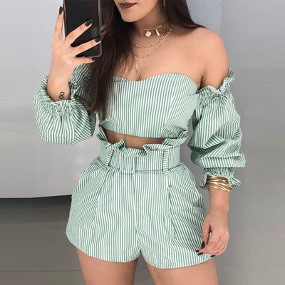 Flat Shoulder Top Wide Leg Shorts Female Stripe Hot Sets BN9191