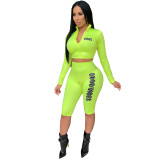 Letters Print Bodycon Track Suits Zipper Long Sleeves Top Midi Shorts CY1088