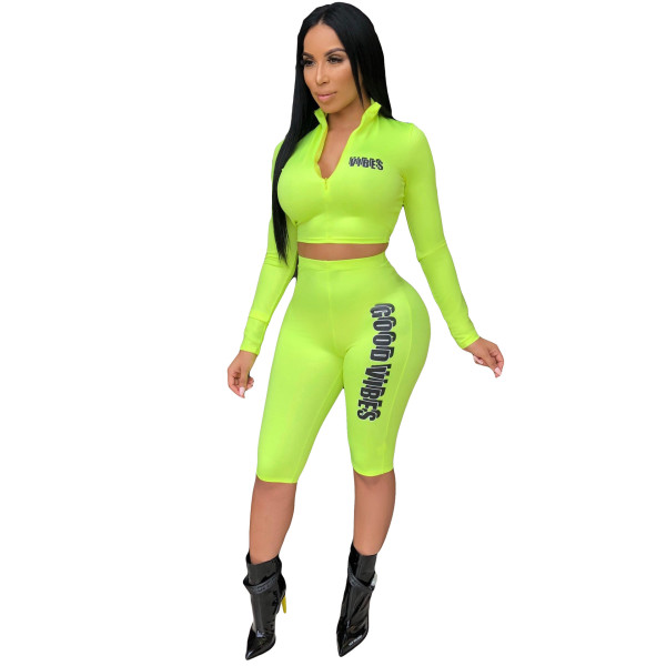 Letters Print Bodycon Track Suits Zipper Long Sleeves Top Midi Shorts CY1088