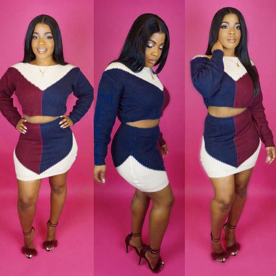 New Arrival Sweater Color Block Stretchy Skirt Suits S699