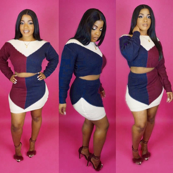 New Arrival Sweater Color Block Stretchy Skirt Suits S699
