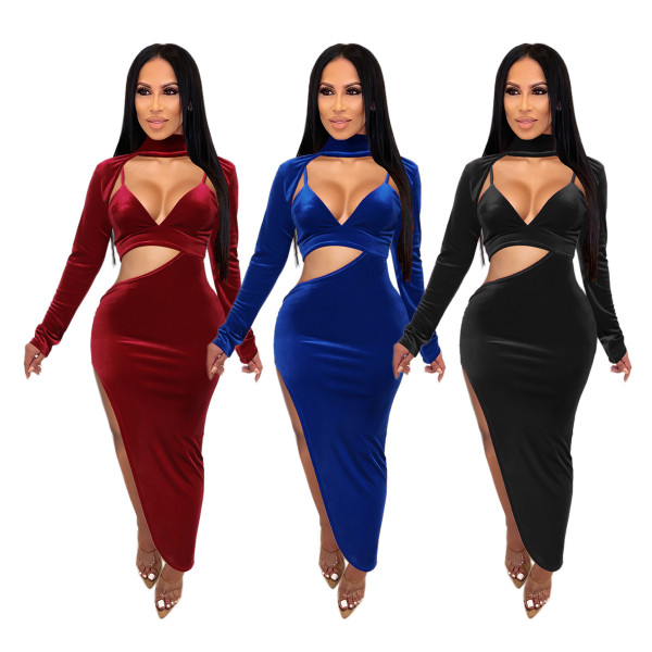 Hot Sexy Velvet Hollow Out Irregular High Waist Split Dress CY7147