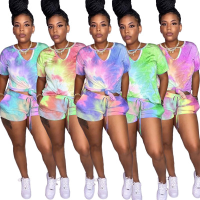 Casual Coloring Printed V-Neck Short Sleeves T-Shirt With Drawstring Shorts Two Piece Set QZ4204