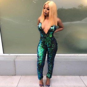 Deep V Neck Green Sequin Women Jumpsuit F8160