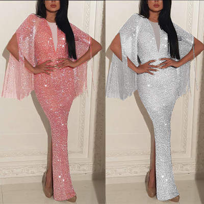 Fashion Solid Sequined Tassel Slim Ladies Glitter Evening Dress NS4227