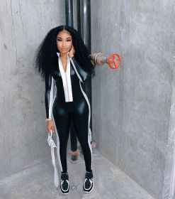 Sexy PU Leather Contrast Stitching Zipper V-Neck Long Sleeves Shiny Jumpsuit DM8153