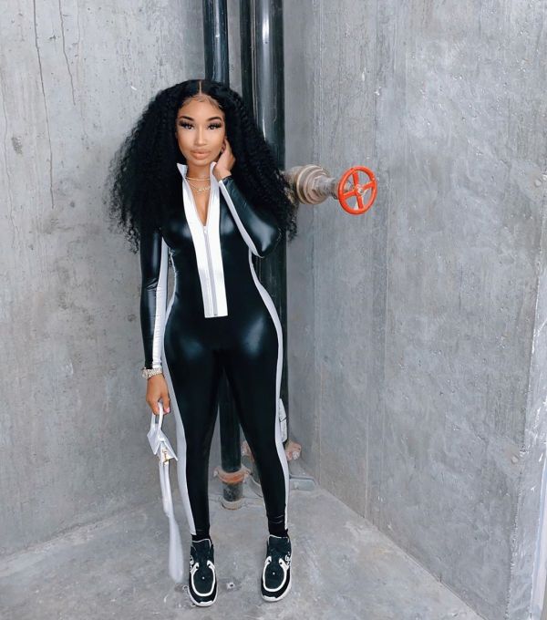 Sexy PU Leather Contrast Stitching Zipper V-Neck Long Sleeves Shiny Jumpsuit DM8153