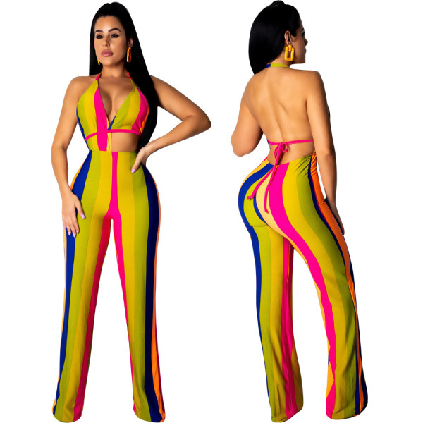 Sexy Backless Halter Neck Stripe Wide Leg Jumpsuit HM5210