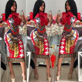 Print Long Sleeves Bodycon Midi Dress MD133