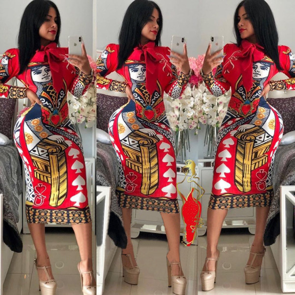 Print Long Sleeves Bodycon Midi Dress MD133