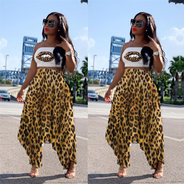 Bandeau Top Harem Pants Leopard Printing Trendy Lady Suits LS6310
