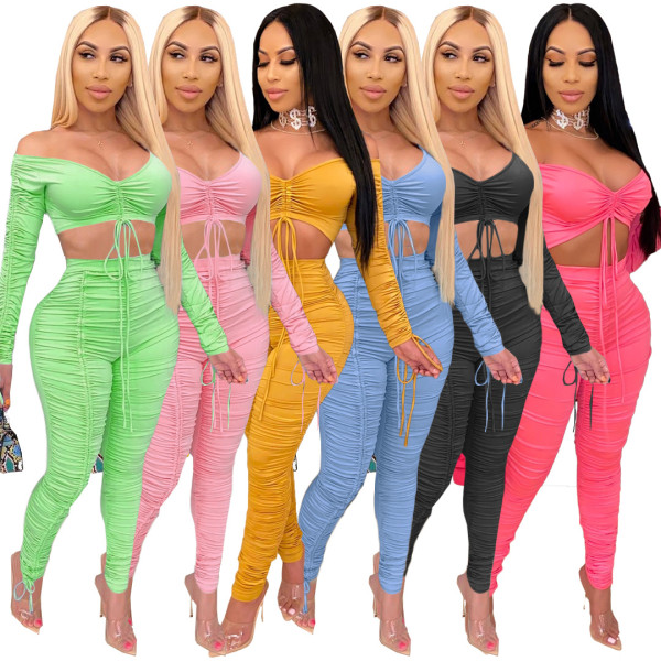 Hot sale fashion pleated breast wrap sexy casual suit HHM6308