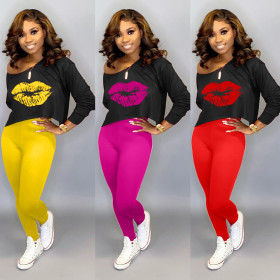 Women's lip printing casual two-piece suit YZM7038