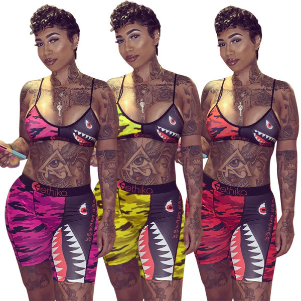 Hot Sale Camouflage Women Cartoon Printing Shorts Suits LS6222