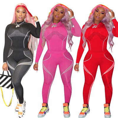 Women's printed yoga sports long-sleeved trousers two-piece suit QQM4078