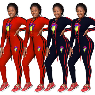 Outdoor Women Drawstring Slim Fitting Hooded Sport Sets FA7033