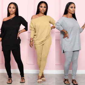 Sweater fabric solid color round neck side off-shoulder loose casual two-piece suit HR8132