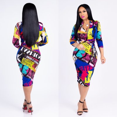 New Arrival Clothes Lady Printing Midi Dress With Zipper SMR9035