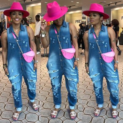Women Denim Ripped Mid Waist Casual Jumpsuit LD8318