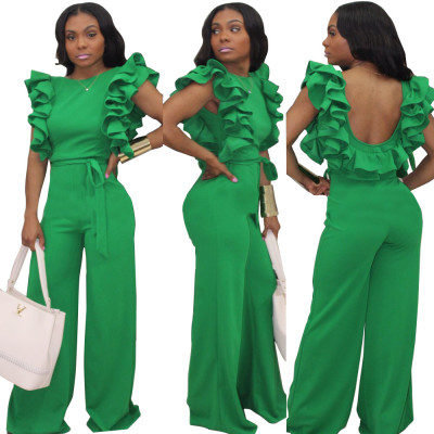 Leisure Women Green Reffle Backless Long Jumpsuit L0177