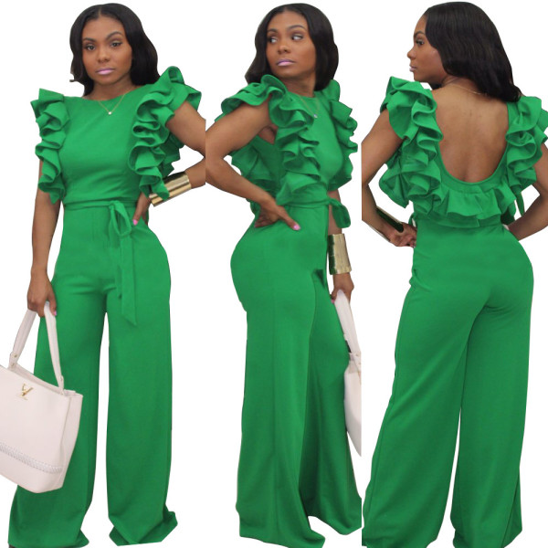 Leisure Women Green Reffle Backless Long Jumpsuit L0177