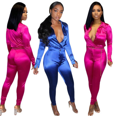 Latest Deep V Neck Solid Color Long Sleeves Club Slim Outfits 2pcs SN3705