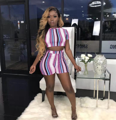 Casual Women Blue/Purple Stripe Short Outfits HH8874