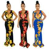 Sexy fashion sleeveless V-neck print stitching dress SMR9622