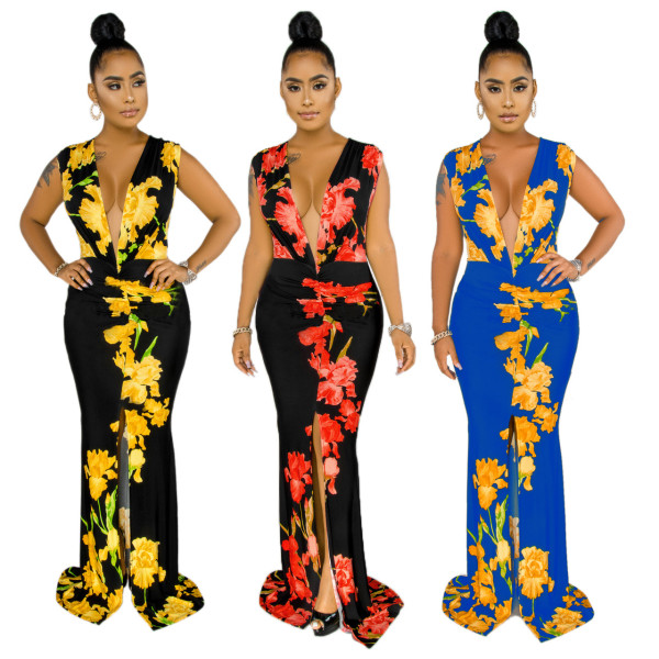 Sexy fashion sleeveless V-neck print stitching dress SMR9622