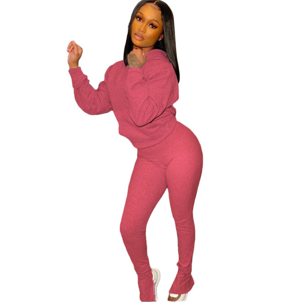 Casual Solid Color Long Sleeves Hooded Sweater With Trousers Two Piece Sets LM8198