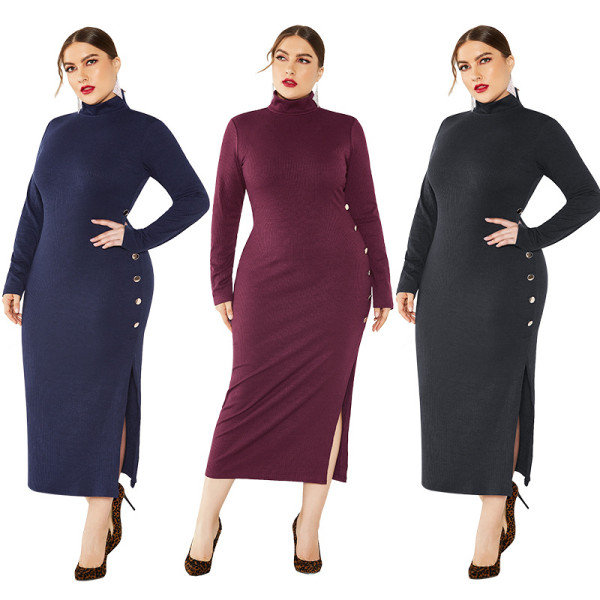 Sexy split long-sleeve stretched mid-neck knit dress with side slits FP8001