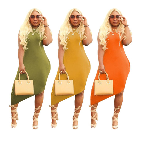 Leisure Short Sleeves Irregular Solid Dress With Pockets WY6563