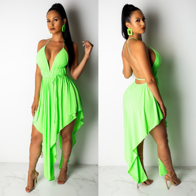 Cheap Backless V Neck Condole Belt Irregular Pleated Dress ML7196