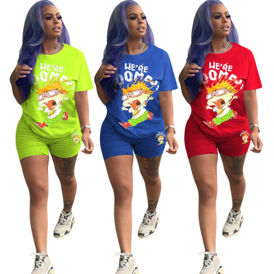 Women's solid color alphabet cartoon printing casual two-piece set KK8190