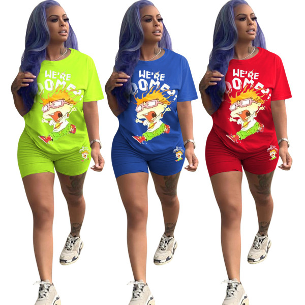 Women's solid color alphabet cartoon printing casual two-piece set KK8190