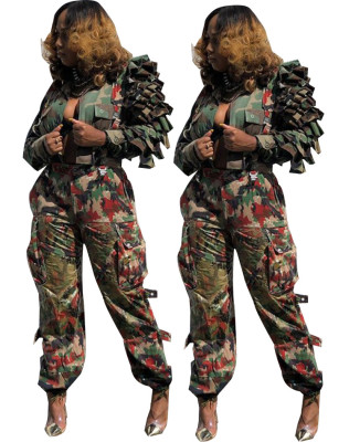 Hot Single-Breasted Camouflage Ruffle Sleeves Women Coat YW0721