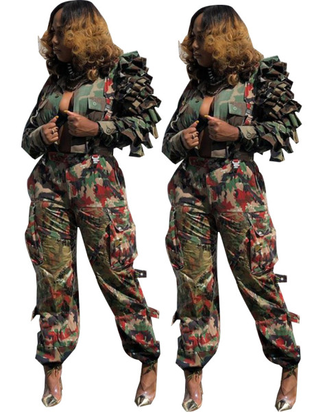 Hot Single-Breasted Camouflage Ruffle Sleeves Women Coat YW0721
