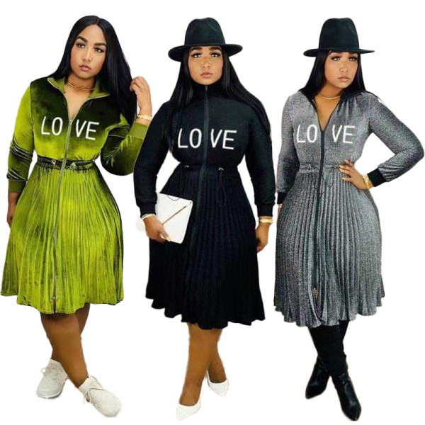Suede embroidered drawstring waist solid color pleated skirt TK6055