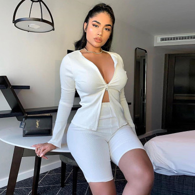 Double zipper pitted long-sleeved shirt shorts two-piece SUM756
