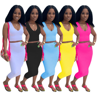 Casual Hot Sets Solid Tank Top Wrap Midi Skirts SDD9120