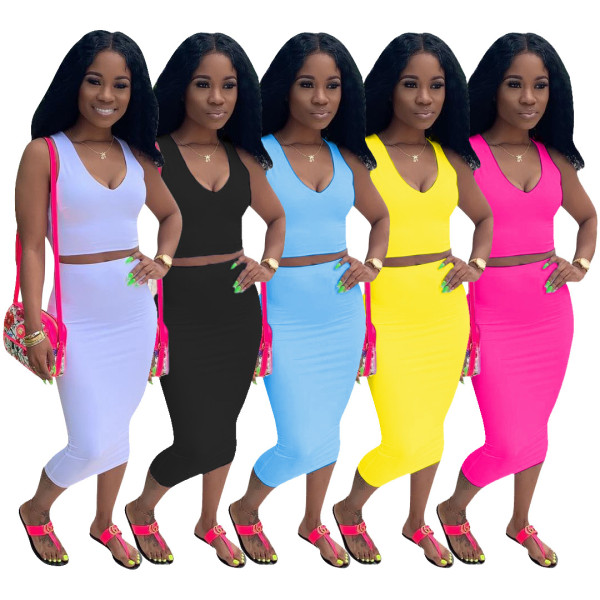 Casual Hot Sets Solid Tank Top Wrap Midi Skirts SDD9120